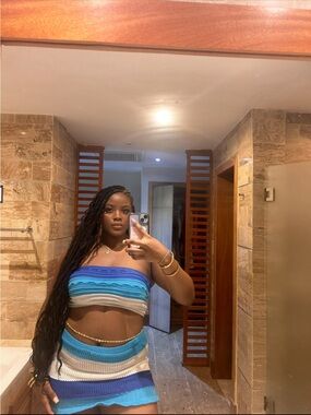 Striped Blue Crochet Tube Top and Mini Skirt Set - Blue